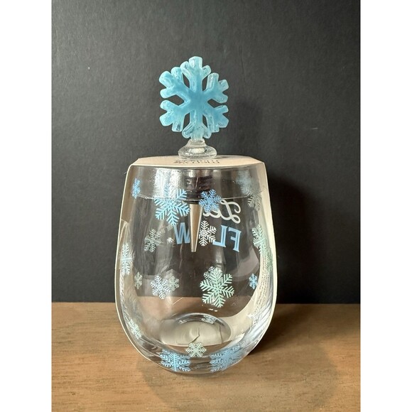 Stemless Wine Glass & Bottle Stopper NEW Blue Snowflake Art Glass "Let It Flow" - Picture 5 of 5